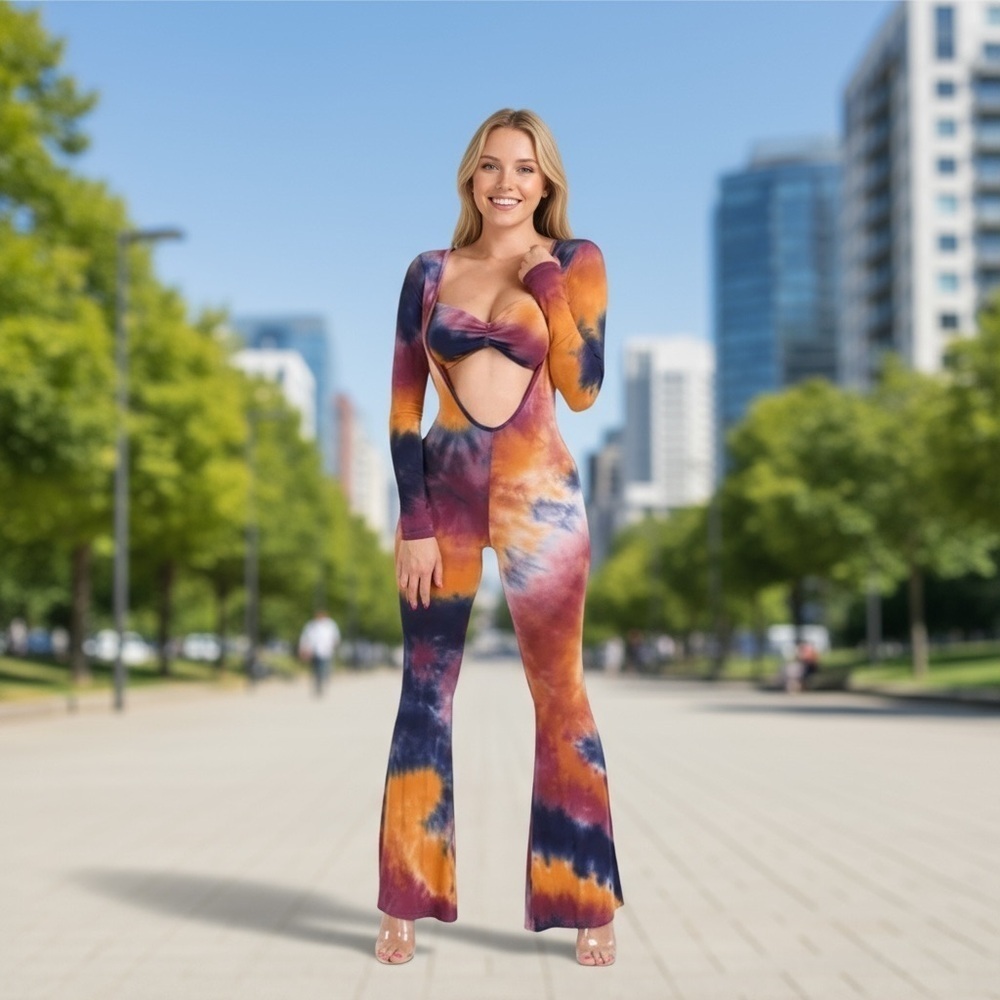 Sexy Open Front Jumpsuit Multicolor Tie Dye Clubwear Party Jumpsuit
New